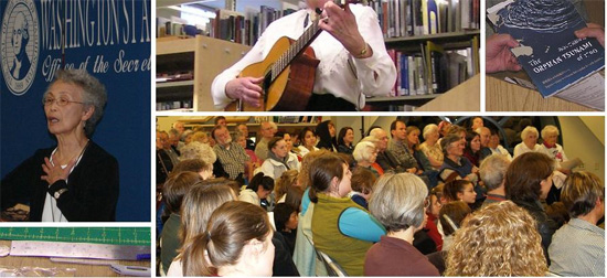Five panel image: woman speaking, woman playing guitar, two hands exchanging a book, preservation tools, event attendees in a crowd